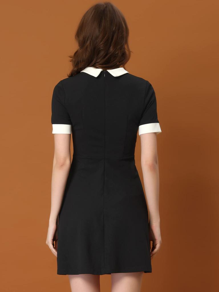 Allegra K Women's Work Dress, Flared Dress, Contrast Color, Fit, Black, Size L