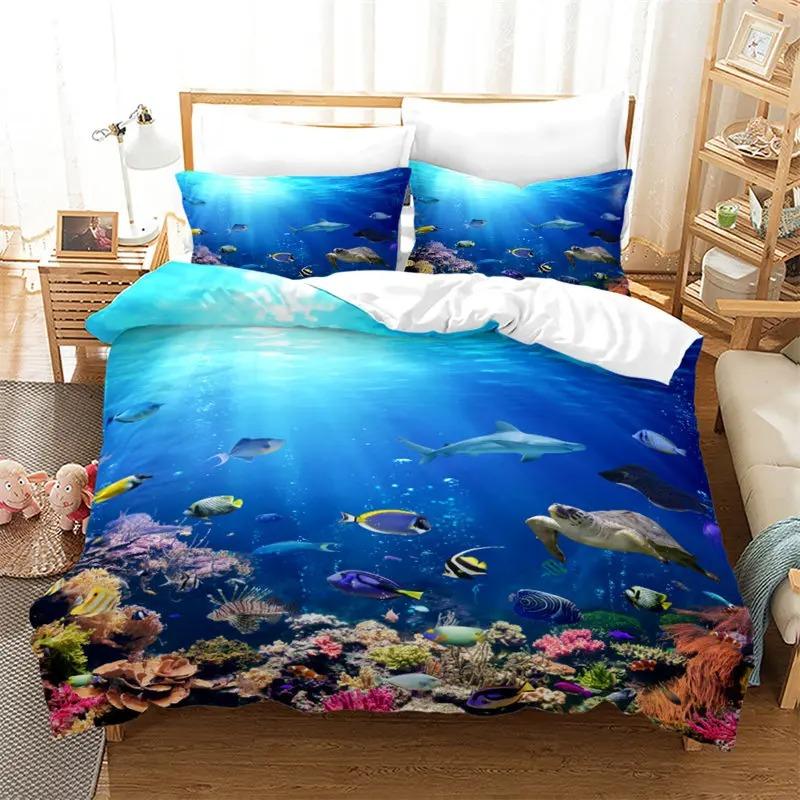 3D marine creature fish duvet cover and pillowcase, home double bedding set, bedroom decoration, gifts for boys and girls
