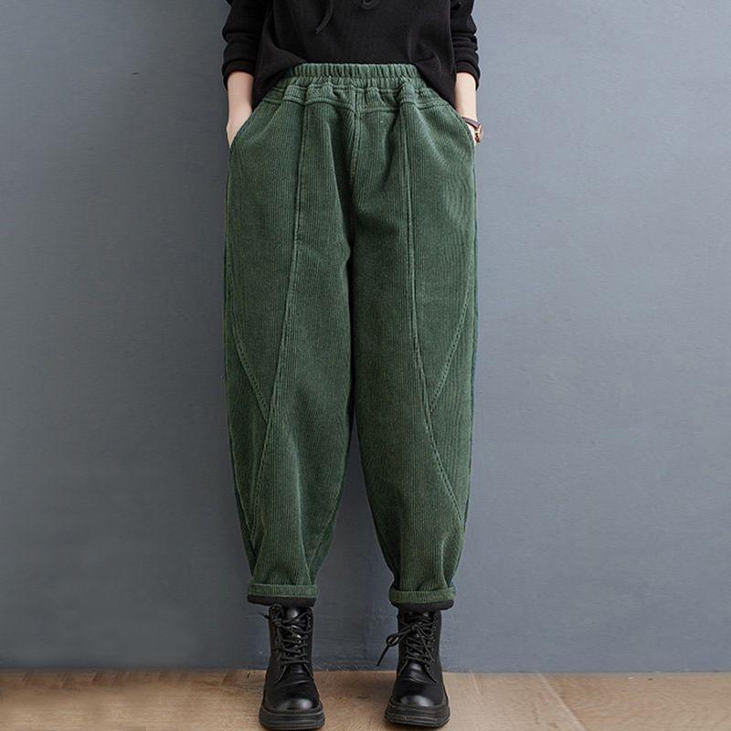 Women Thickened Fleece-Lined Corduroy Purple Harem Trousers For Middle-Aged Women Winter Style Mom's Peony Pants