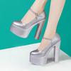 15cm Small Size 32-43 Silver White Wedding Shoes Thick Bottom Platform Pumps 2025 Shallow Block High Heels Shoes Model Party