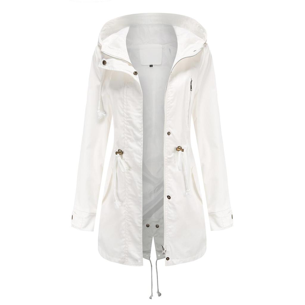 Женский плащ, хлопок, однотонный, с капюшоном, на молнии, ветрозащитная длинная куртка, на шнурке, уличная ветровка для пешего туризма, весна-осень-зима, верхняя одежда