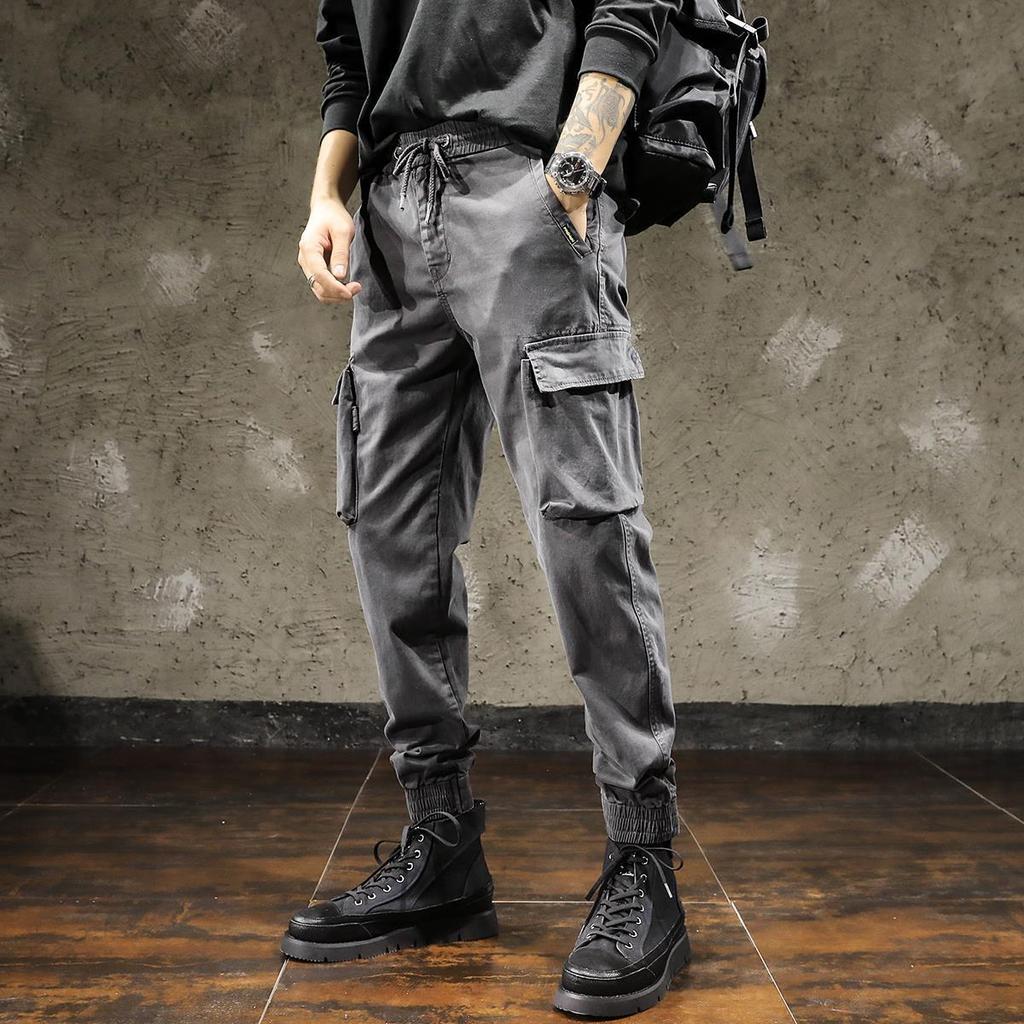 Мужские брюки-карго с ремешками на щиколотке, свободные однотонные брюки с несколькими карманами, мягкие дышащие шнурки с эластичной резинкой на талии, повседневные спортивные мужские спортивные штаны, длинные брюки