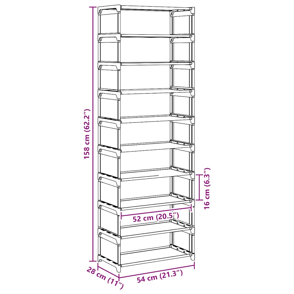 Shoe Rack 10 Tier Gray 54x28x158 cm Non Woven Fabric