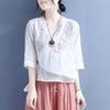 2024 Women's Chinese Style Zen Cotton-Linen Embroidered Slant-Breasted Mid-Sleeve Lace-Up Top