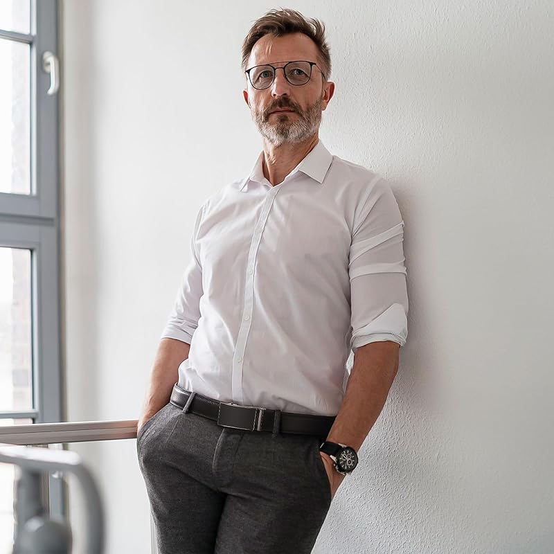 [PlusZis] 28 дюймов ~ 68 дюймов мужской кожаный ремень с застежкой-храповиком для больших и высоких людей с автоматической пряжкой, базовый черный с оружейным краем - черный. , Талия:28"-71"