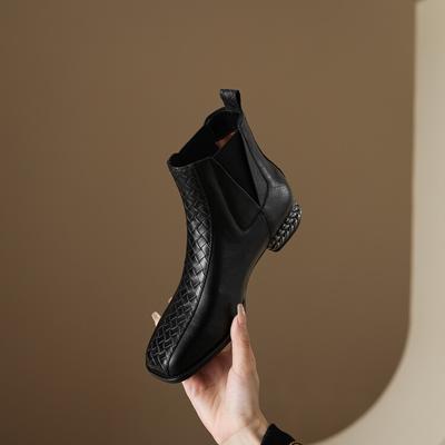 Модные НОВЫЕ Осенне-зимние женские ботинки с квадратным носком и массивным каблуком, обувь из спилковой кожи для женщин, слипоны, ботильоны, черные современные ботинки