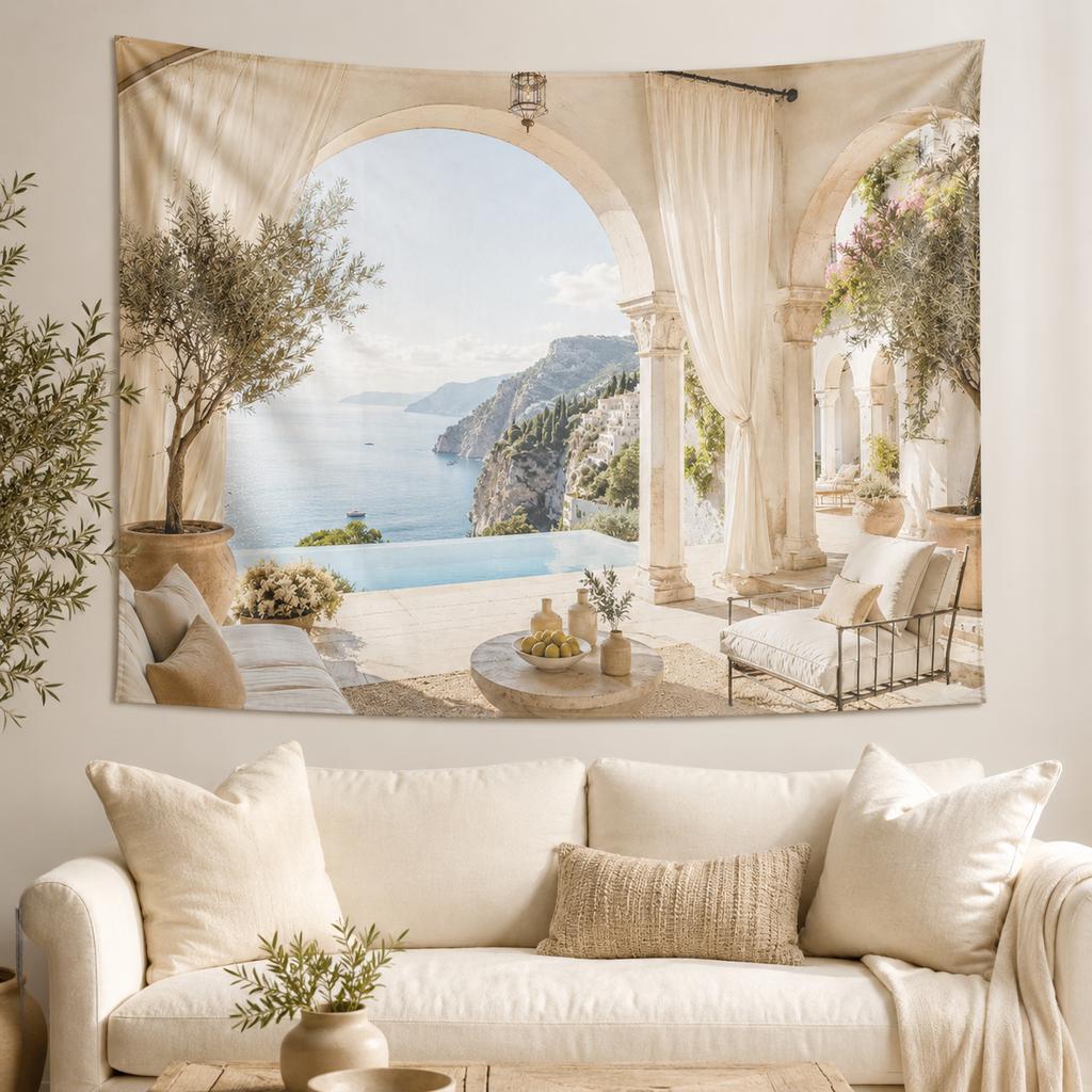 Italian Coastal Arch Sea View Tapestry, Boho Neutral Landscape Wall Hanging, Aesthetic Bedroom Wall Decor