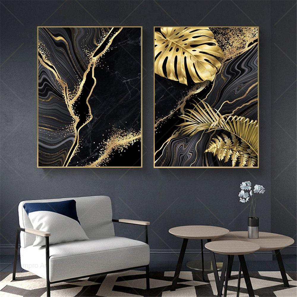 Золотые и черные листья, скандинавский постер, современная абстрактная настенная живопись на холсте, печать, настенные панно для гостиной, украшение дома
