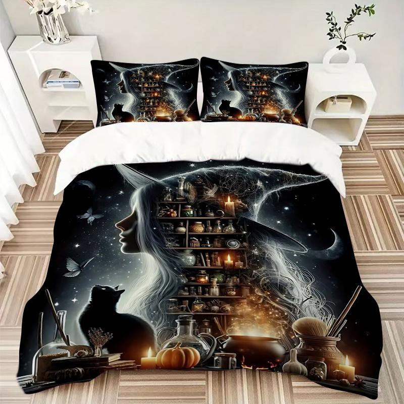 3pcs Witch's Cauldron Quilt Set Cartoon Themed Bed Quilt Set Lovely Character Bedroom Decor Bed Quilt Set
