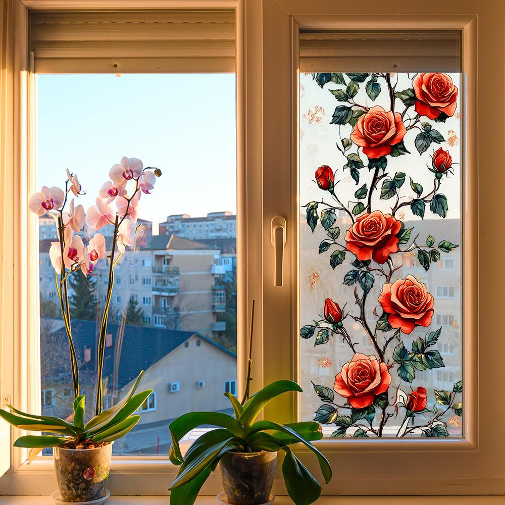 Painted Rose Flower Balcony Glass Window Beautification and Decoration Static Electricity Window Stickers