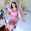 Women Soft Silk Satin Robe Dress Peacock Floral Print Kimono Pajamas Cardigans Autumn Mid-length Bathrobes