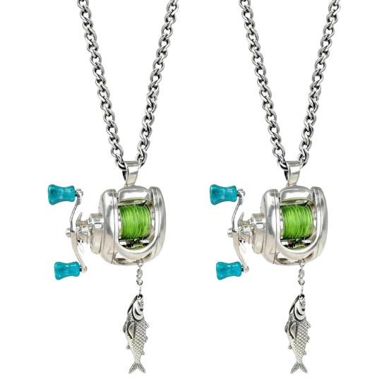 1/2Pcs Mini Fishing Reel Necklace Lightweight Hypoallergenic Alloy Spinning Reel Pendant Necklace with Rotatable Handle Fishing Lovers Gift
