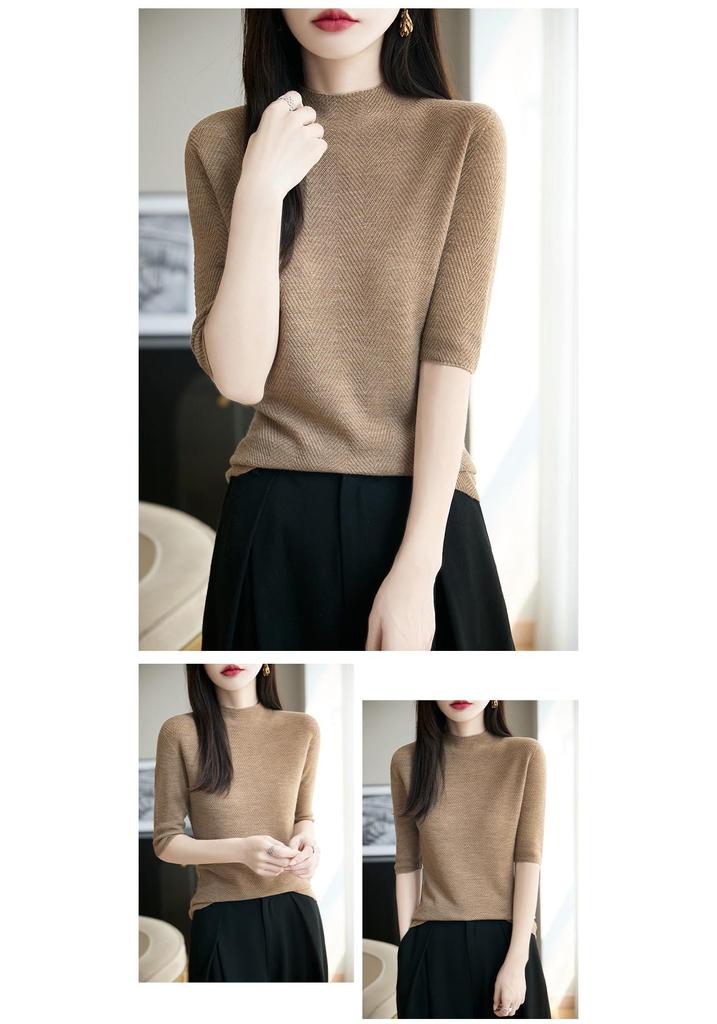 Yangzi 100% Wool Half-High Neck Knit Top, Women's Five-Point Sleeve Sweater - Early Autumn 2026