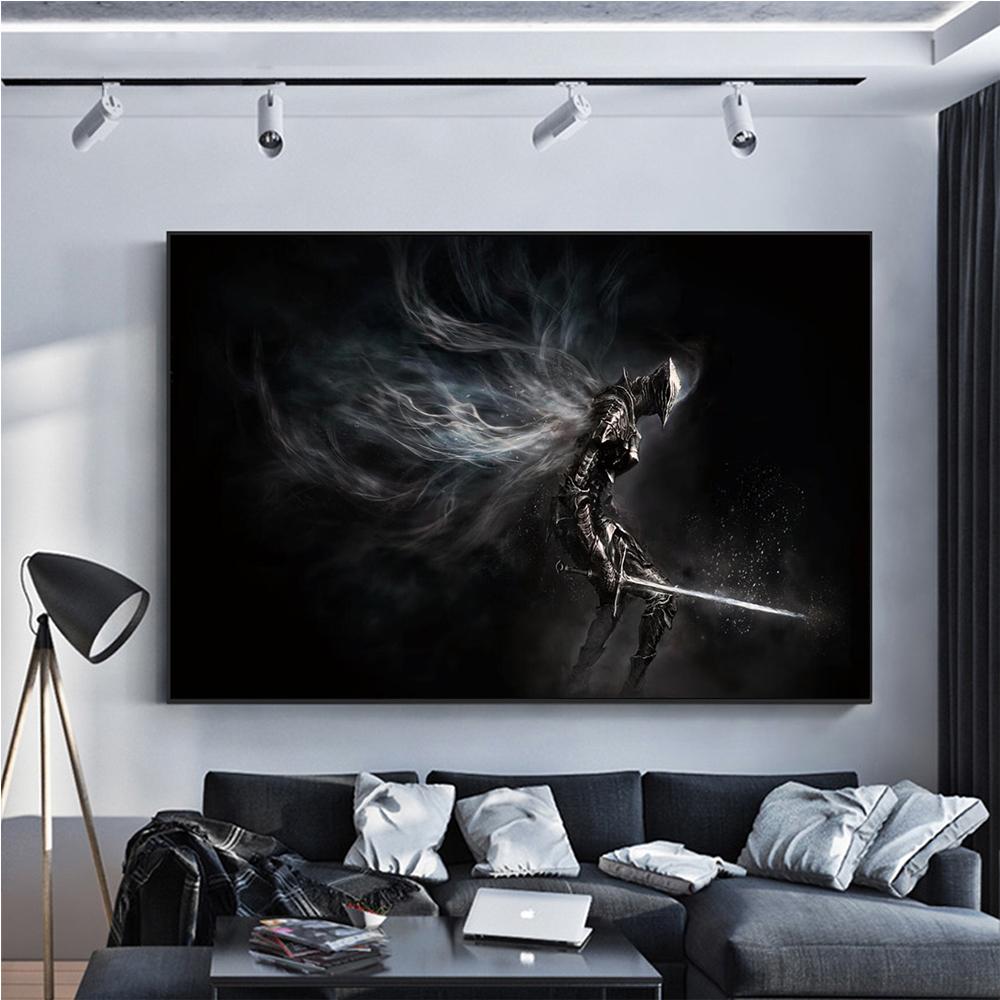 Черная душа Темный самурай Черный фон Абстрактное искусство Холст Картина Винтаж Портрет Сюрреализм Плакаты Печать Гостиная Домашний декор стен Фотографии