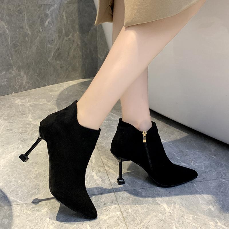 Fashion Shoes for Women 2024 Fashion Winter Mid-Calf Women's Boots Solid Color Pointed Toe Flock Zipper High Heels Zapatillas De Mujer