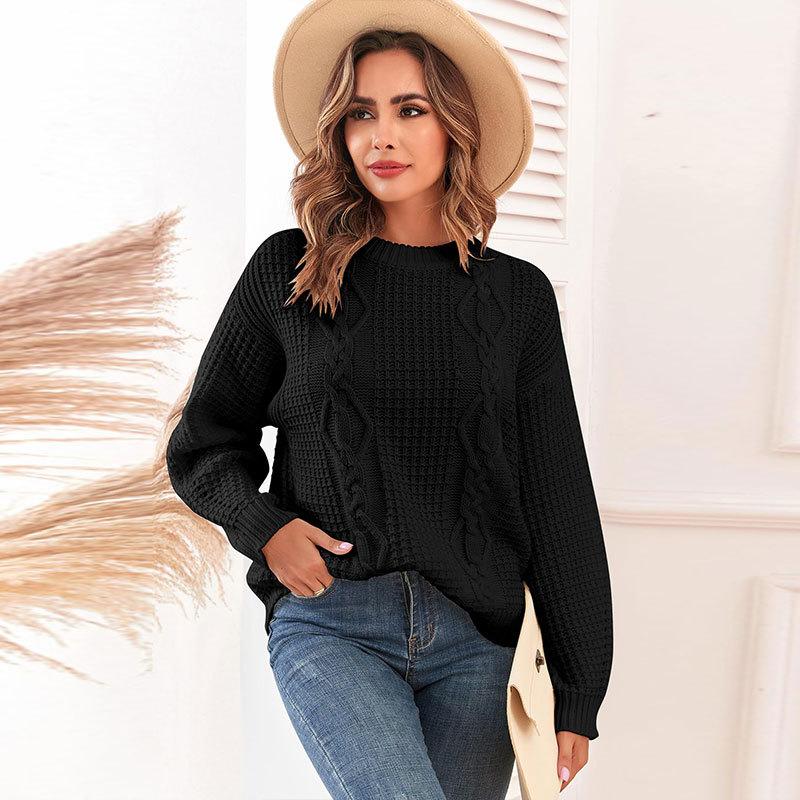 Women's Autumn and Winter Solid Color Crew-neck Long Sleeve Twist Casual Knit Sweater