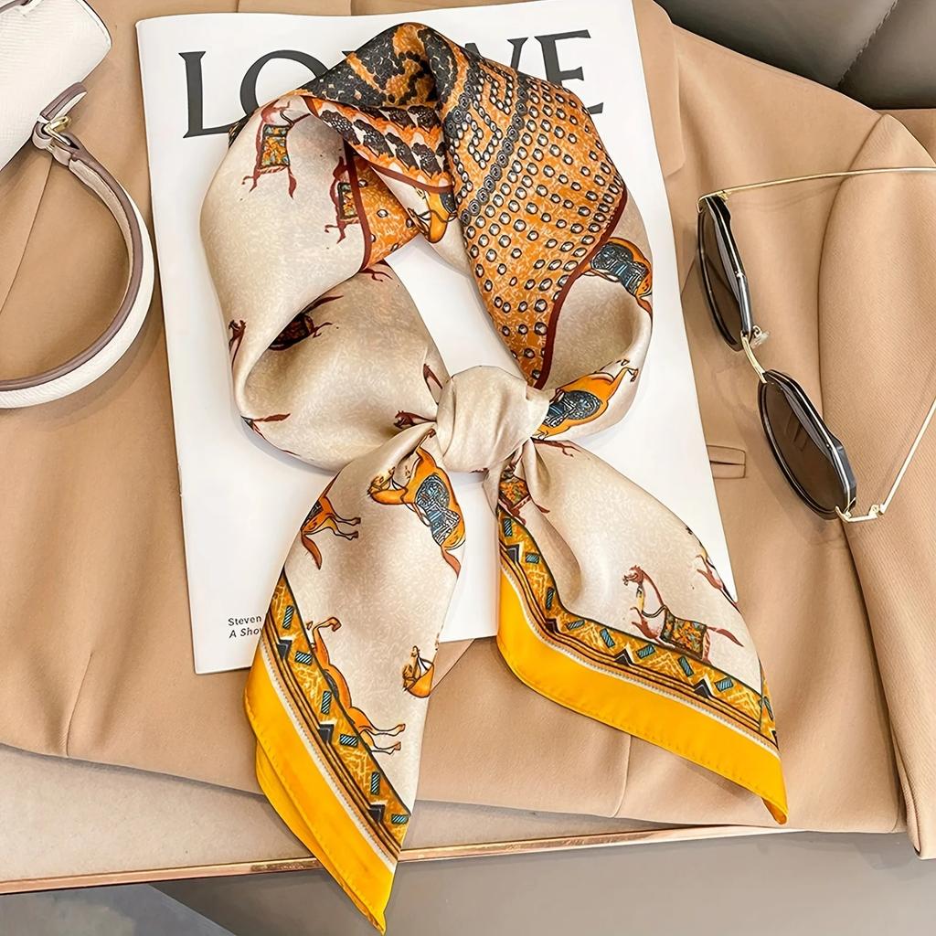 New Print Silk Square Scarf Women Soft Satin Horse Hairband Neckerchief Office Hijab Headband Foulard Bag Ribbons Gift