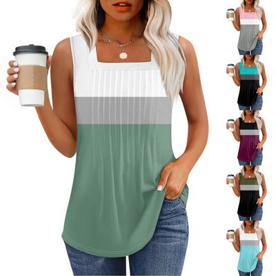 Майка для женщин Летние наряды Без рукавов Блузки с принтом Повседневные свободные рубашки Плиссированные квадратные вырезы
