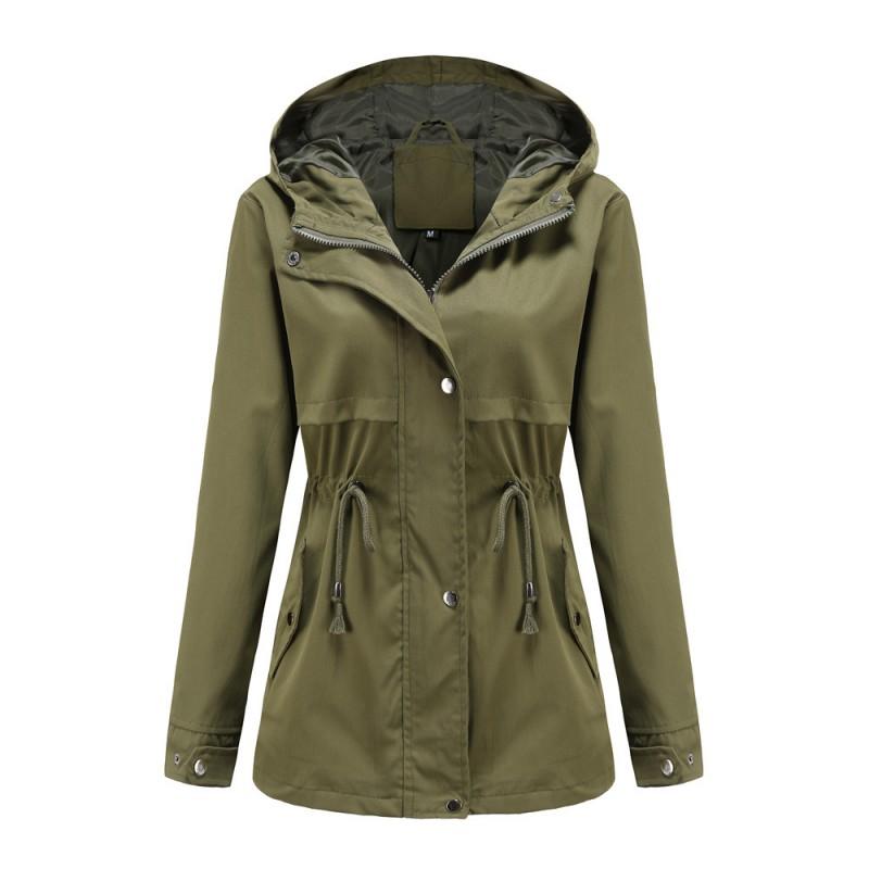 Womens Lightweight Hooded Trench Coat Mid-Length Rain Jacket With Waist Drawstring - Casual Chic Outerwear