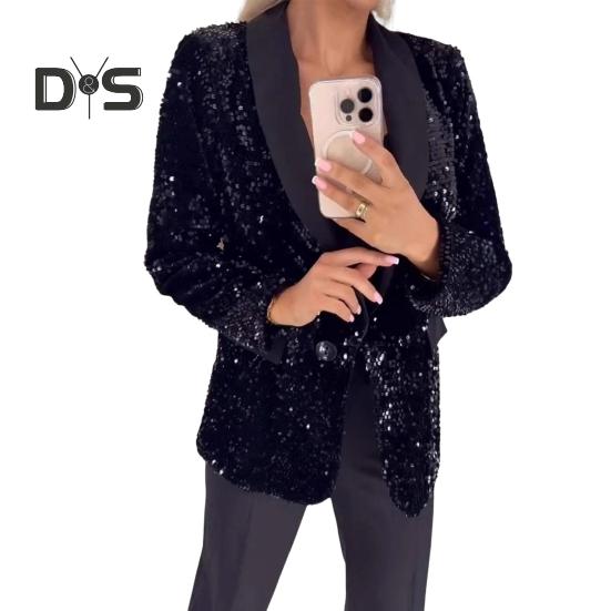 Женский пиджак с лацканами и длинными рукавами на пуговицах, пиджак с блестками, осенне-зимняя деловая верхняя одежда для уличной вечеринки