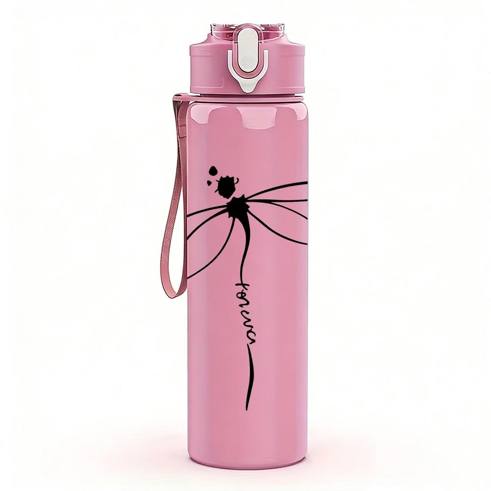 1PC Dragonfly Thin Line Sketch Print 750ml Color Plastic Sports Water Bottle Leakproof Flip Straw Lid Suitable for Sports Office Home Use