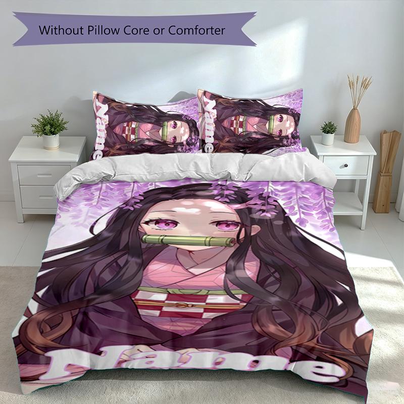 3pcs Custom Name Demon Slayer Nezuko Set,Includes 1 Duvet Cover and 2 Pillowcases,All-season Bedroom Decor