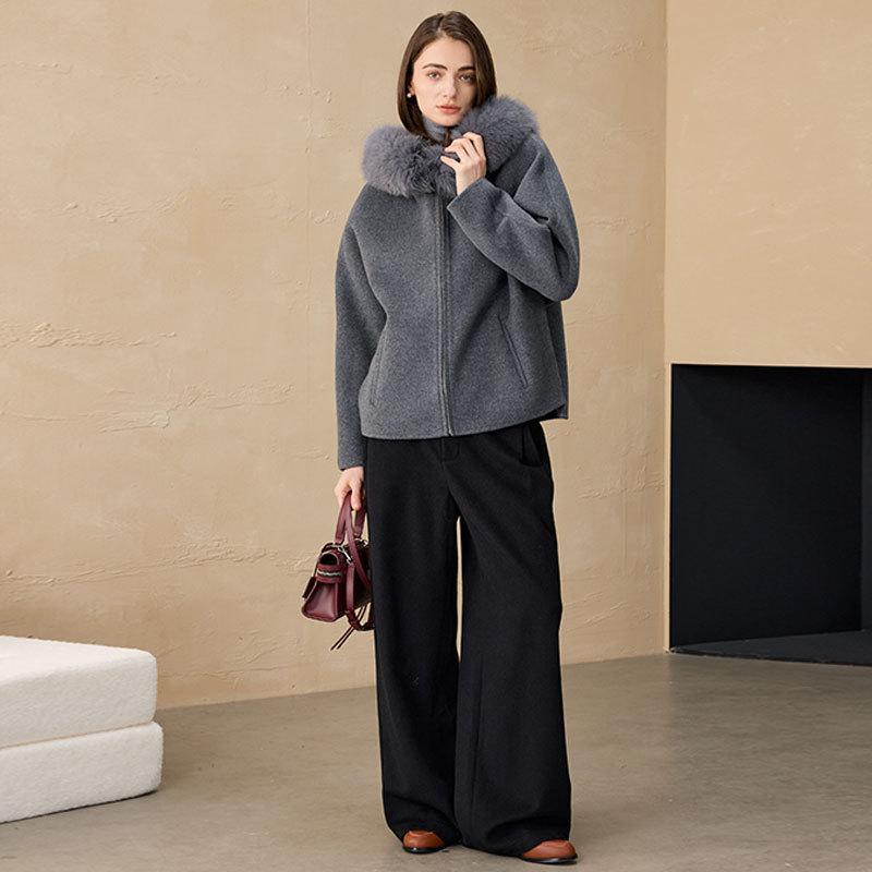 Autumn/winter wool coat, hooded fox fur collar casual jacket, petite double-sided wool wool coat for women