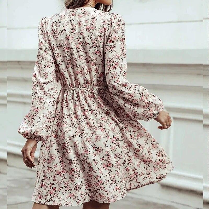 Повседневное короткое платье с эластичной талией и цветочным принтом, осеннее сексуальное платье трапециевидной формы с v-образным вырезом, модные платья с длинным рукавом с цветочным принтом 29773