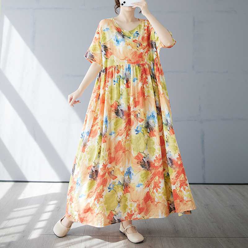 Женская простая и модная длинная юбка летнее платье с короткими рукавами и круглым вырезом с принтом