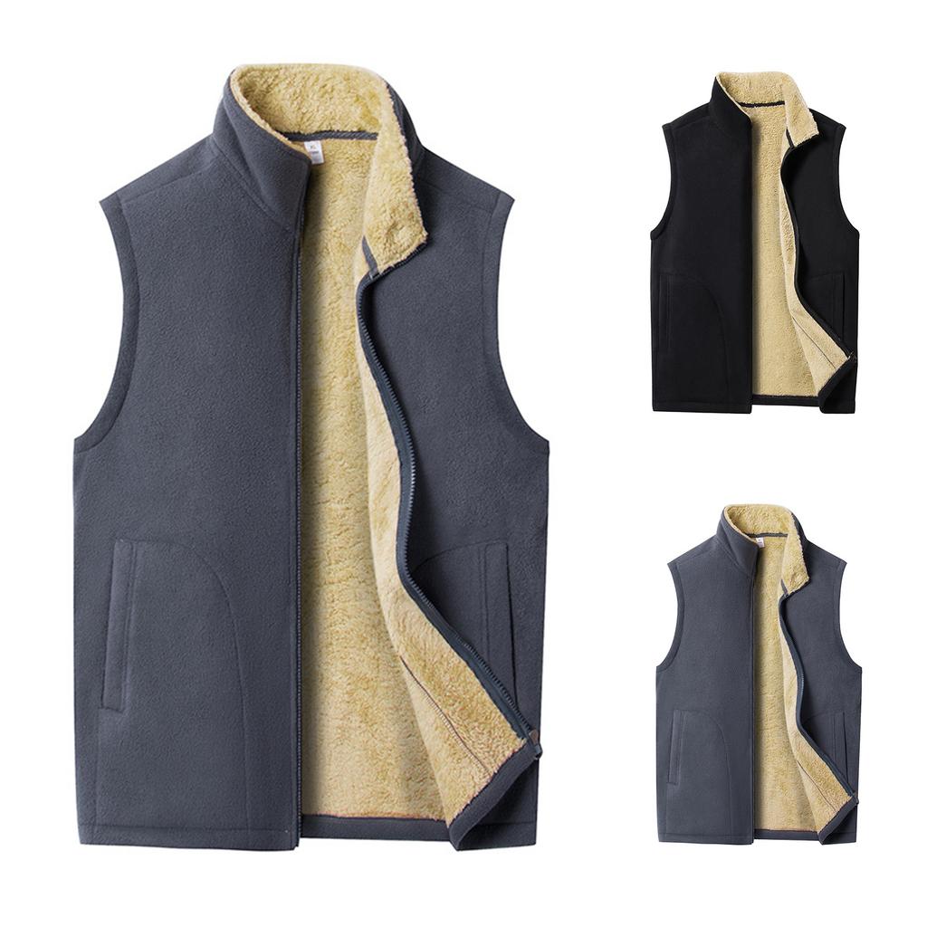 Men's Casual Solid Color Double-sided Fleece Zipper Vest, Men's Stand-up Collar Fleece Vest
