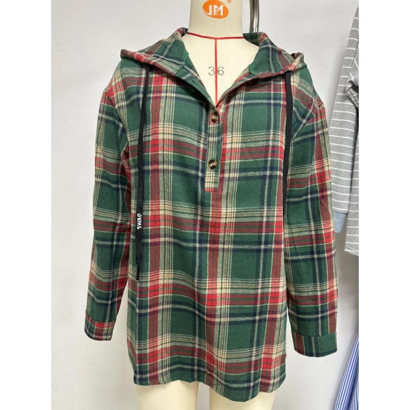 Осенне-зимняя женская куртка больших размеров с длинными рукавами и капюшоном на пуговицах, клетчатая толстовка