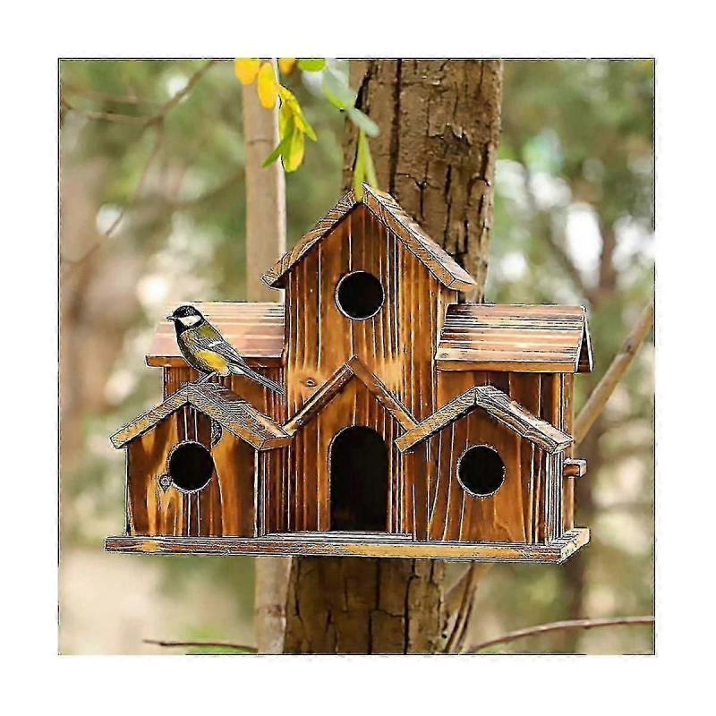 Bird House, Bird House For Outside, Wooden Bird Houses For Outside Hanging, 6 Hole Handmade Natural