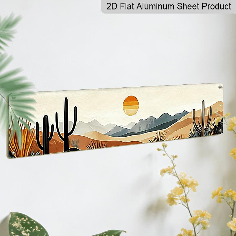 2D Flat, 1pc 4X16 Inch Aluminum Metal Signs Mid Century Inspired Desert Sunset Metal Wall Art Piece Capturing Serene Earthy Colors for Home Office