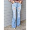 New Arrival Four Season High Stretchy Women Ripped Flared Pants Denim Jean High Waist Elegant Botton Lady Long Denim Pant