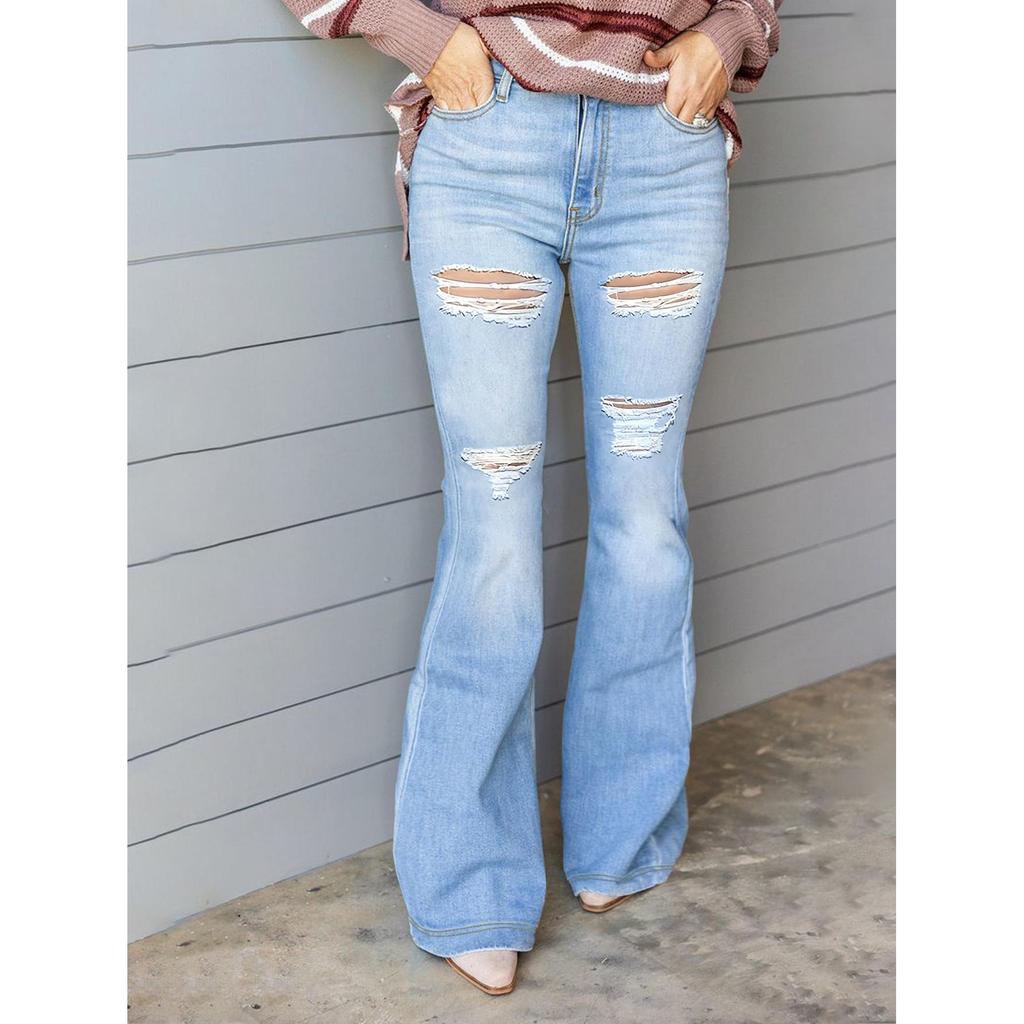 New Arrival Four Season High Stretchy Women Ripped Flared Pants Denim Jean High Waist Elegant Botton Lady Long Denim Pant