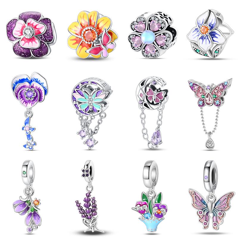 925 Sterling Silver Butterfly Tulip Iris Flower Charms Beads Fit 925 Original Bracelets Fine DIY Valentine Jewelry Gifts