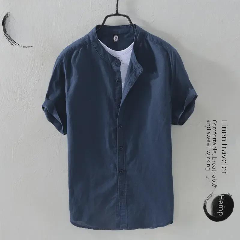 Мужская льняная рубашка с коротким рукавом в китайском стиле и воротником-стойкой — повседневная, легкая, летняя тенденция