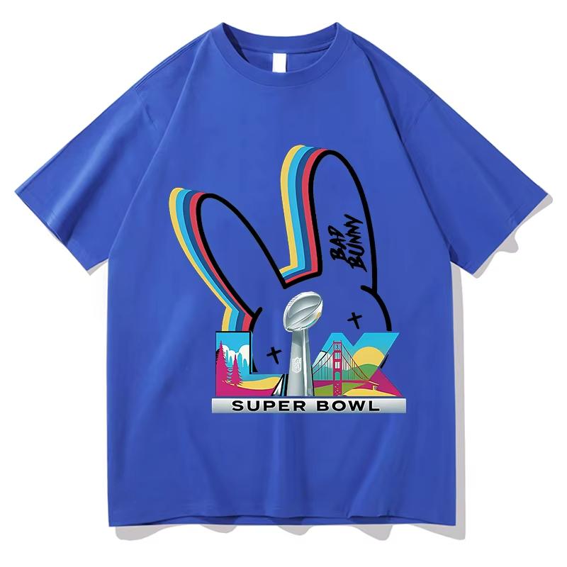 Футболки Bad Bunny Super Bowl с коротким рукавом, 100% хлопок, с круглым вырезом, модные футболки, одежда для мужчин и женщин, унисекс, уличная одежда, хип-хоп топы