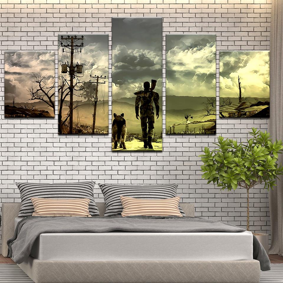 Fallout 4 Человек и собака игровой постер холст картина модульная 5 шт. тканевый принт для домашнего декора настенное искусство абстрактная картина