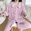 Милая пижама из кораллового флиса, теплая, осенне-зимняя, с длинными рукавами, кардиган, брюки, домашняя одежда, комплект из двух предметов, свободный покрой, повседневная ночная одежда