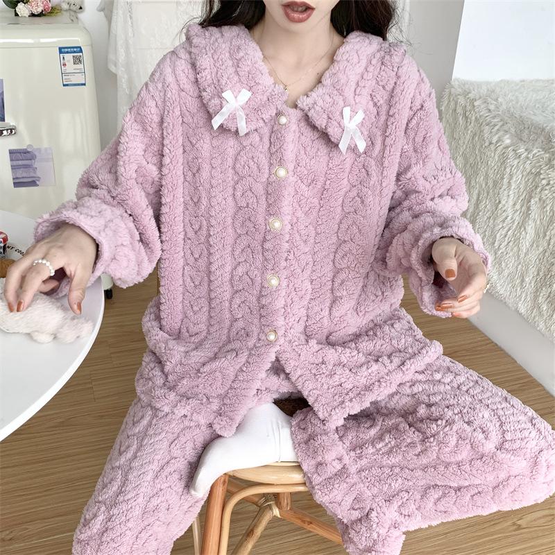 Милая пижама из кораллового флиса, теплая, осенне-зимняя, с длинными рукавами, кардиган, брюки, домашняя одежда, комплект из двух предметов, свободный покрой, повседневная ночная одежда