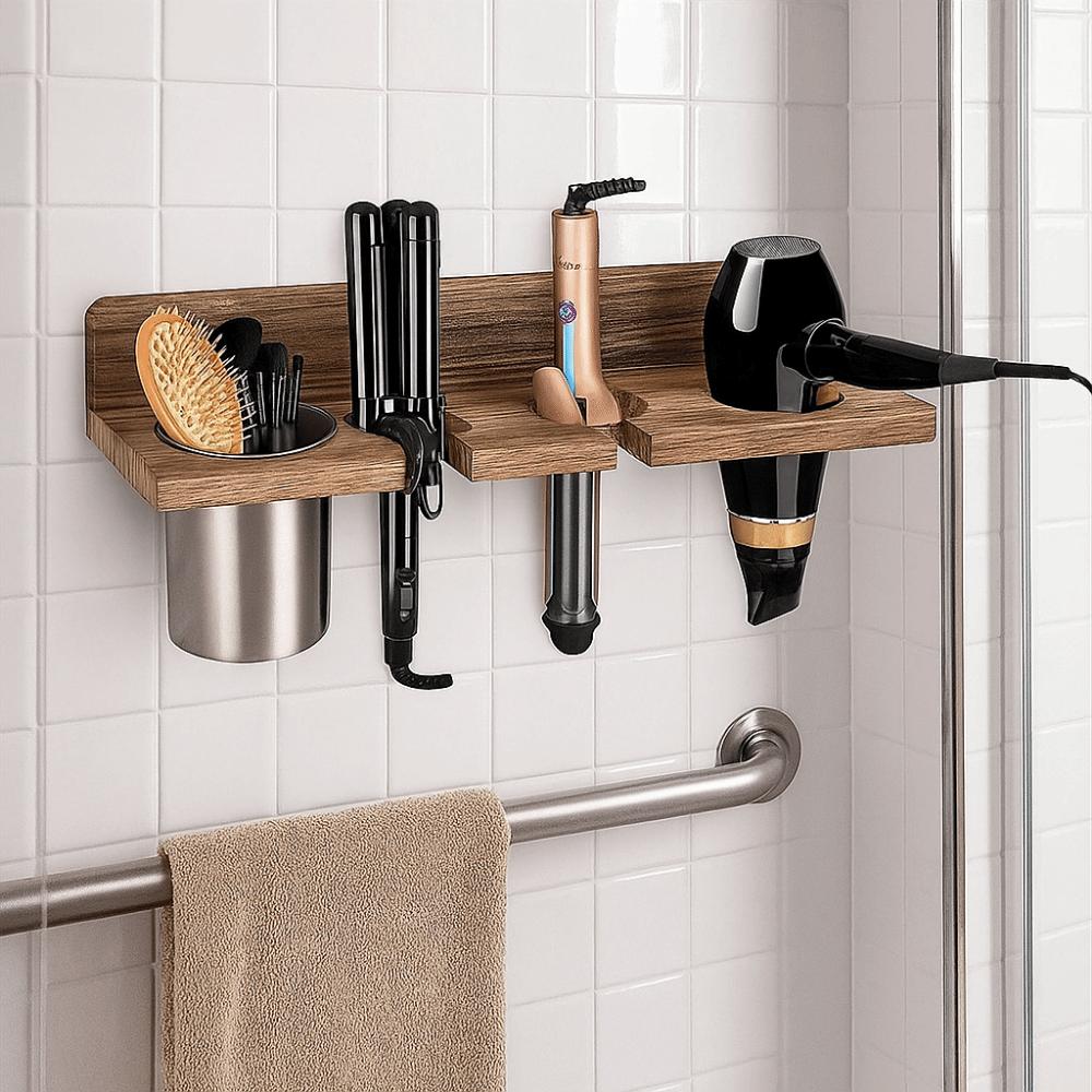 Компактный держатель для фена Деревянный держатель для выпрямителя Винтажная полка для плойки для дома