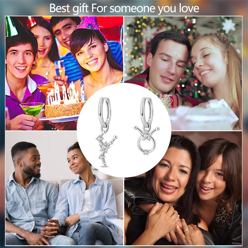Hot Sale 925 Sterling Silver 12 Constellation Taurus Earrings Women Zircon Ear Studs Sparkling Pave Hoop Earring Jewelry Gift