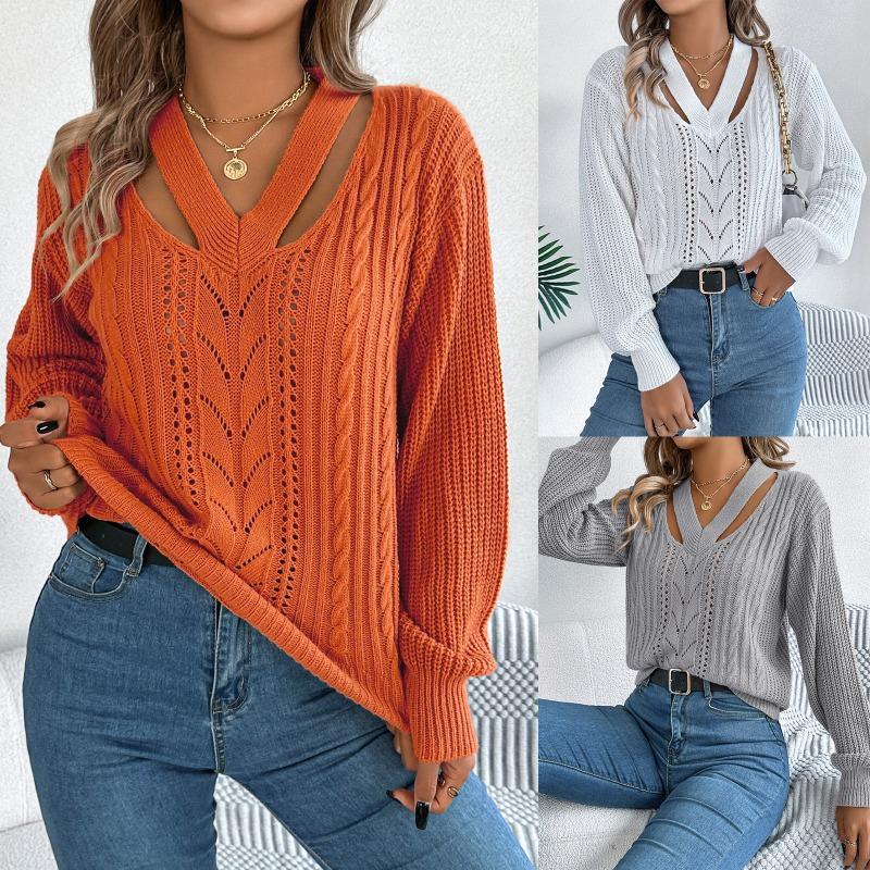 Autumn Winter Casual Hollow Out V-neck Twist Pullover Sweater Long Sleeve Casual Fashion Elegant Casual Tops Ladies Office Streetwear Simple Clothing
