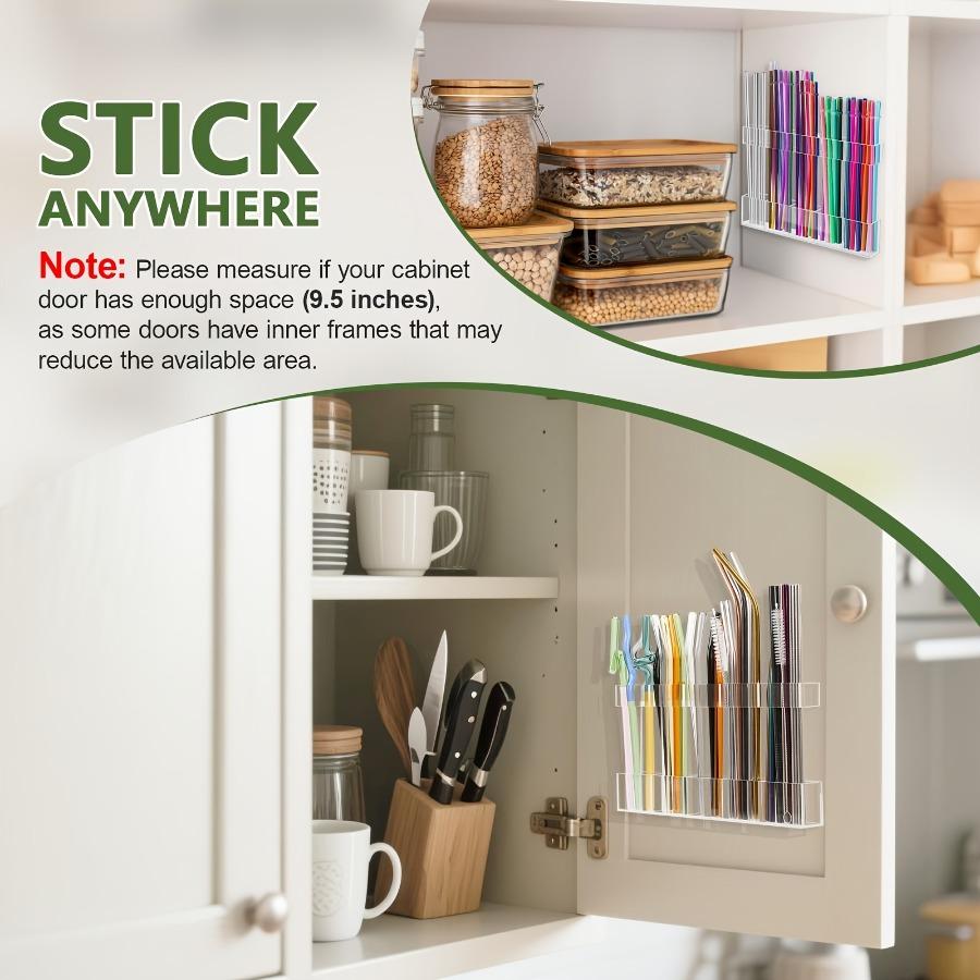 [2pcs-Large Acrylic Straw Holder] Transparent Acrylic Straw Storage Box | Reusable, Ultra-Adhesive Cabinet Door Installation