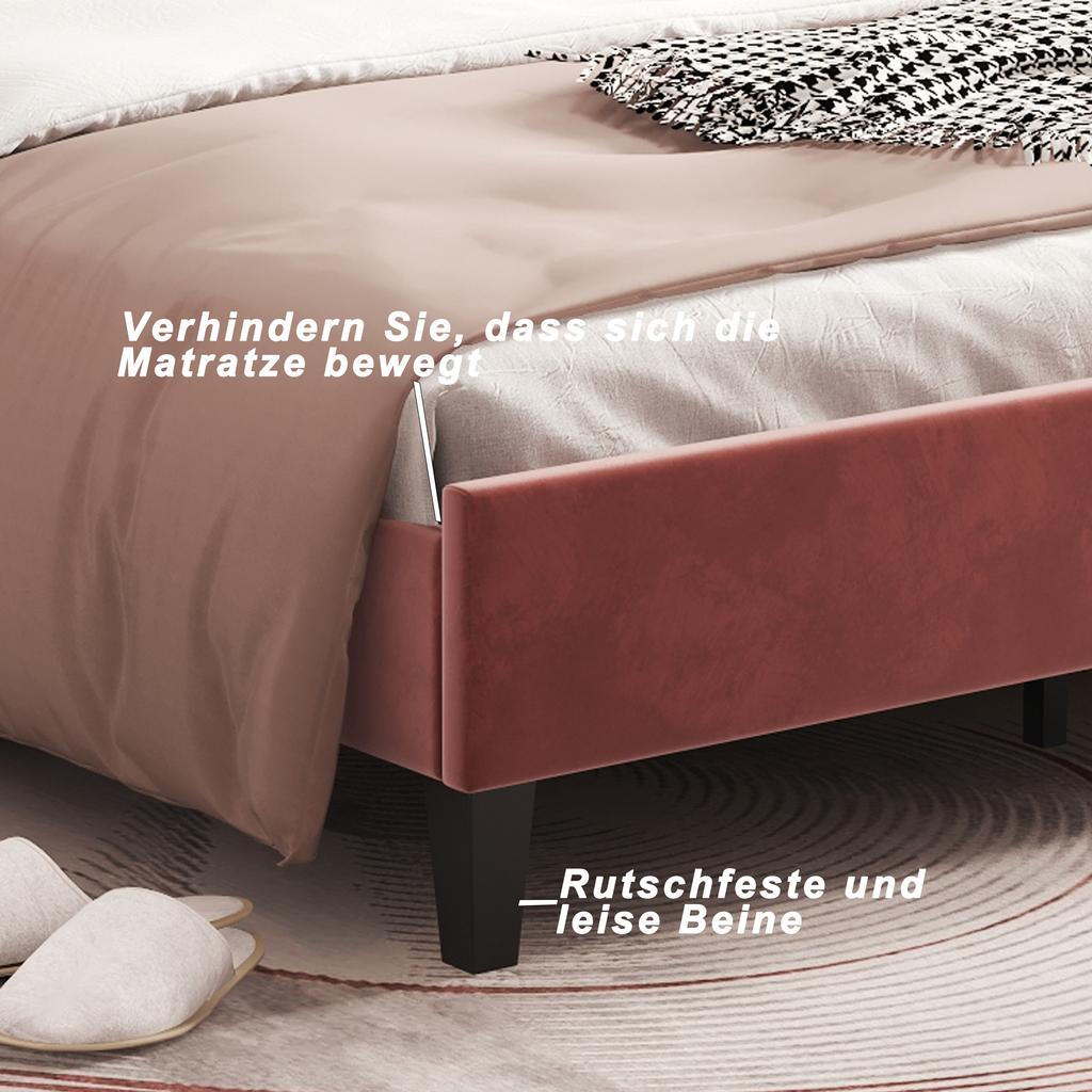 Upholstered Double Bed 140 x 200 cm, Bed Frame with Flower-Shaped Headboard and Slatted Frame, Adult-Youth, Skin-Friendly Velvet, Guest Bed, Bean Red