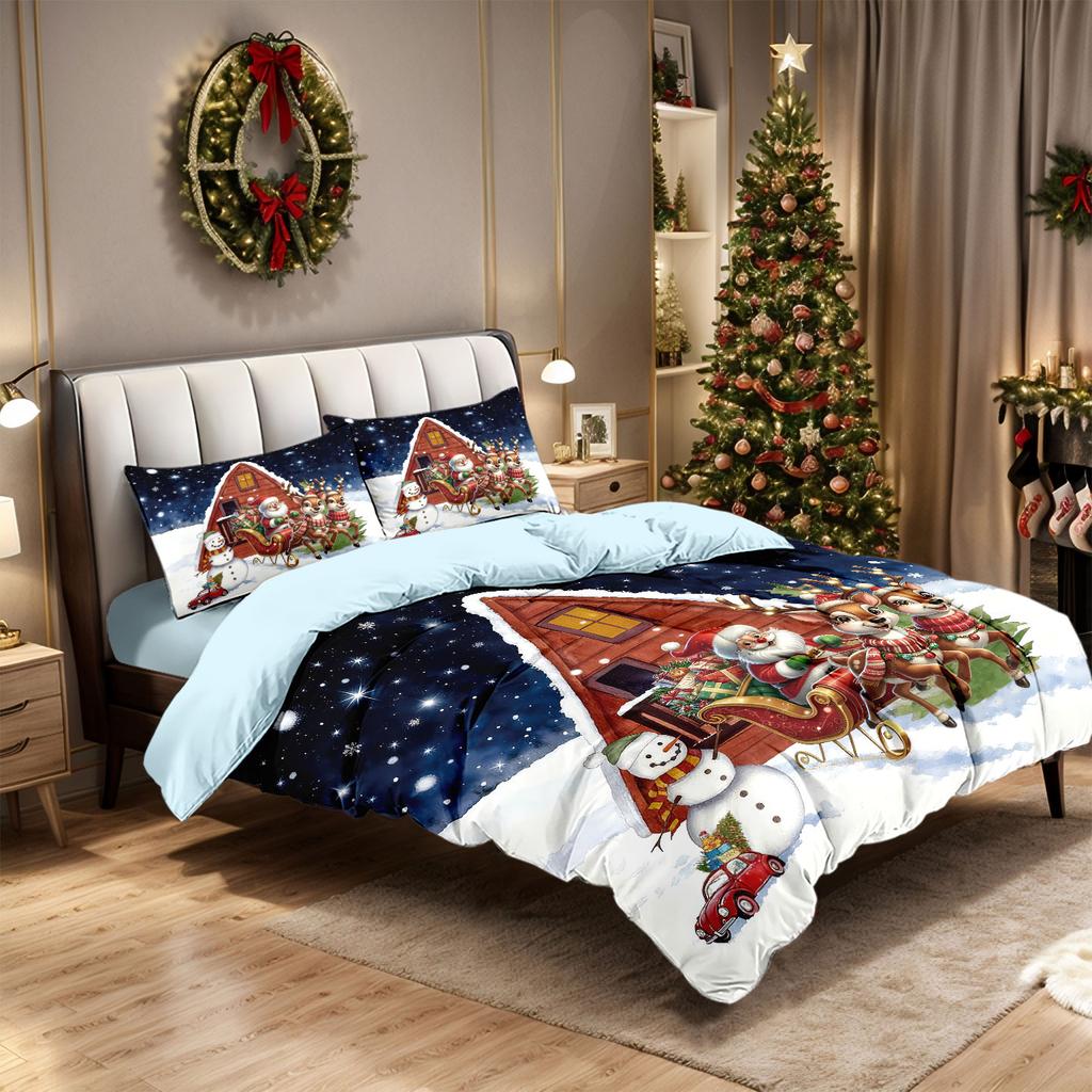 Comforter 3Pc Christmas House Print Coreless Duvet Set Multi Size Bedroom Holiday Dormitory Bedding Decoration Softmachine Washable