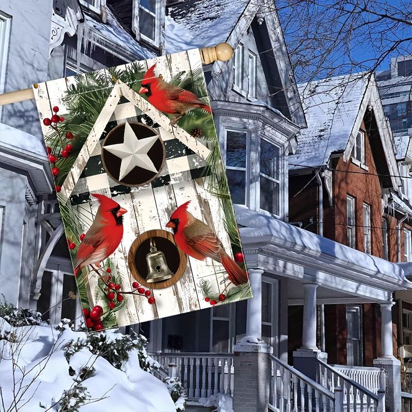 1pc Christmas Garden Flag, Welcome Winter Cute Cardinals Tree Wooden House Christmas House Flag Country Grid Christmas Hat, Porch Yard Outdoor Decorat