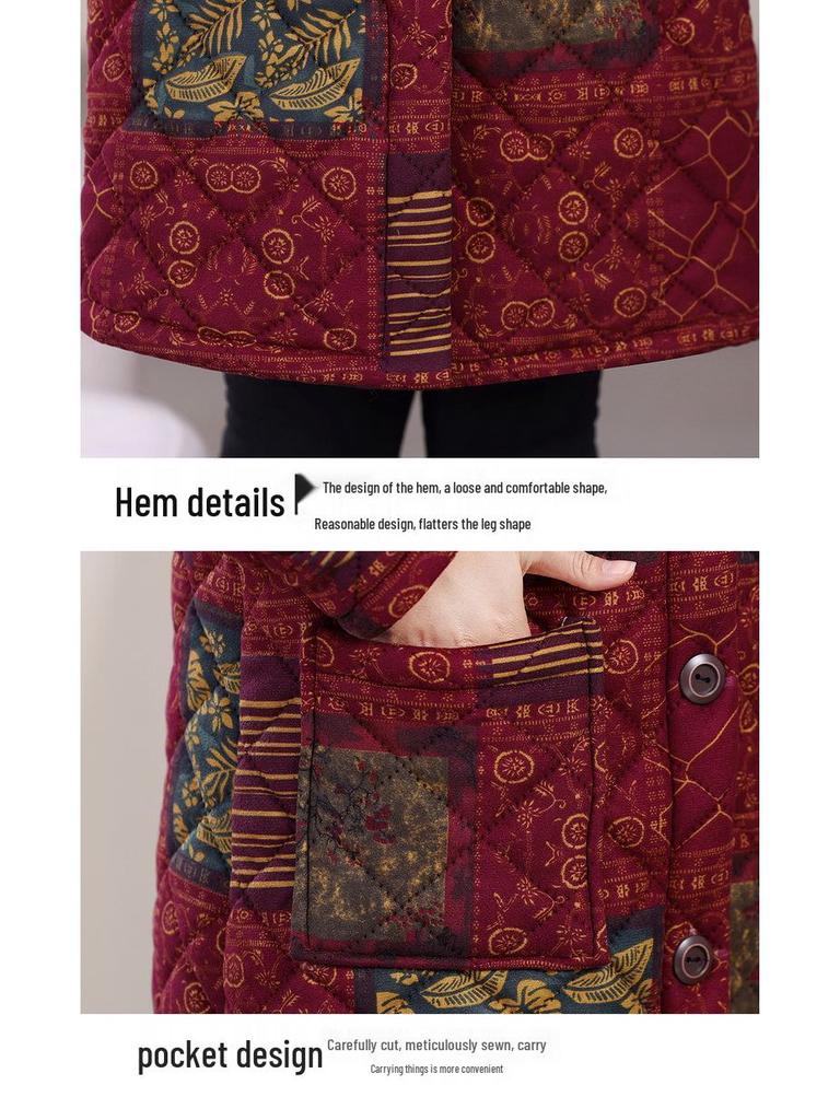 Цветочная хлопковая зимняя куртка средней длины для женщин среднего и пожилого возраста - Теплая и стильная верхняя одежда.