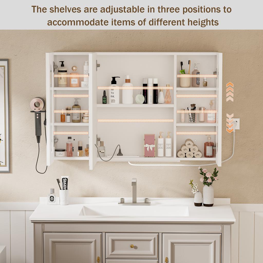 LED Bathroom Mirror Cabinet With Charging Station 2AC/2USB 3 Color Lighting Wooden Wall Cabinet Space Saving Wall Cabinet